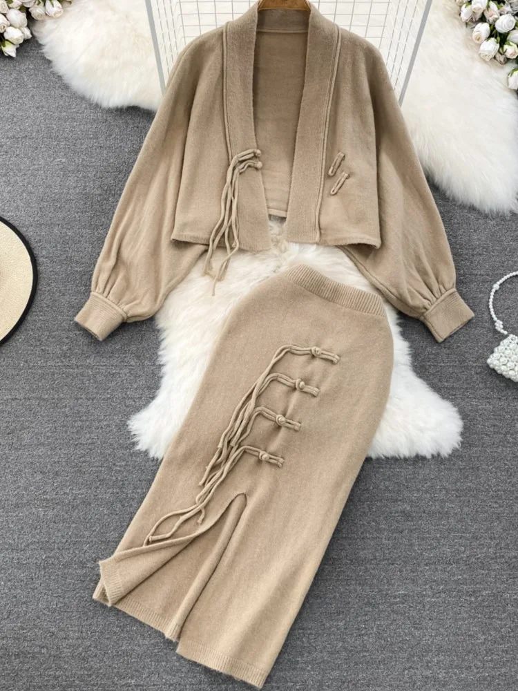 

Autumn Women Elegant Knitted Skirts Suit Casual Long Sleeve Cardigans High Waist Split Saya 2 Pieces Set Female Fashion Outfits