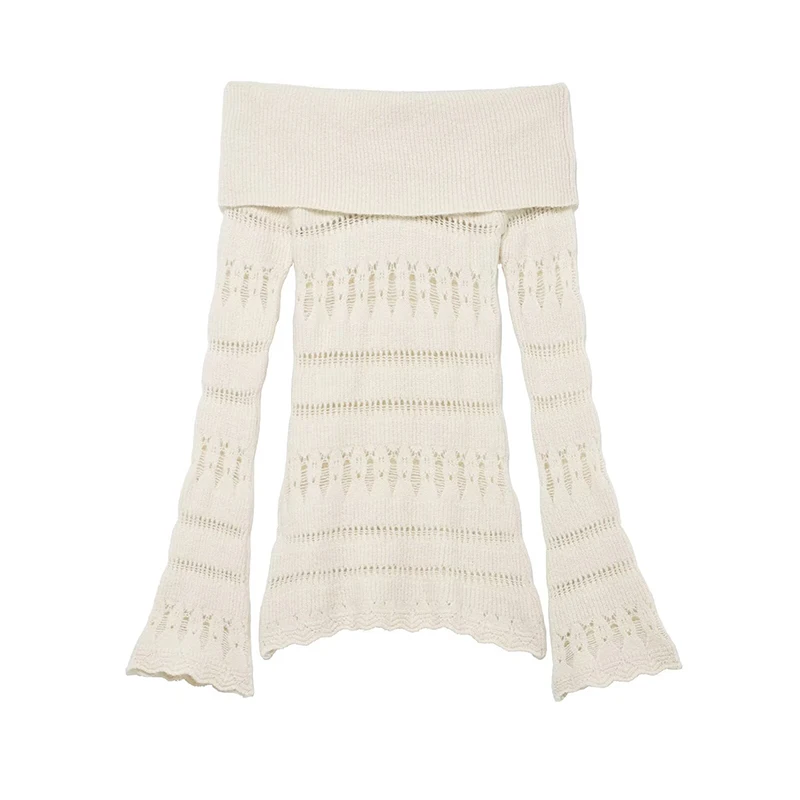 Chic Autumn Knitted Pullover Women Off Shoulder Sweater Fashion Casual Long Sleeve Female Hollow Out Knitwear Top