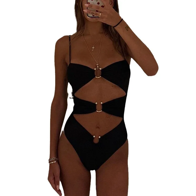 2024 new swimsuit solid color bikini sexy one-piece black hollow metal buckle one-piece swimsuit