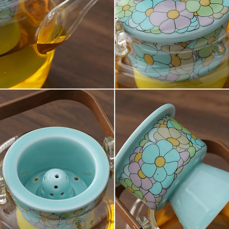 800ML Colour Enamels Celadon Filtration Glass Teapot Large Capacity High-handled Pot Boiling Water Kettle For Electric Stove