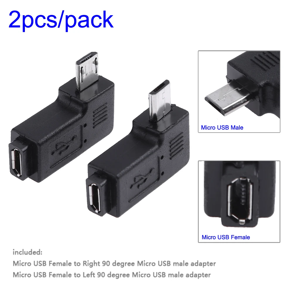 2개입 마이크로 USB 암-수 커넥터 좌우 90도 각도 마이크로 USB-마이크로 USB 엘보 컨버터
