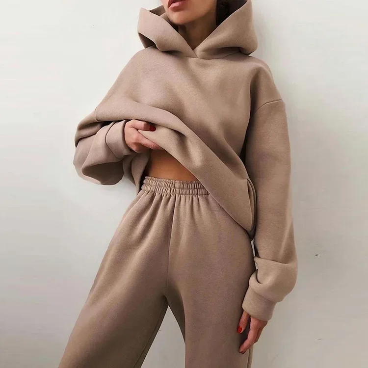 Women Tracksuit Set Solid Long Sleeve Sport Suits Autumn Winter Warm Hooded Sweatshirts And Jogger Pants Two Piece Set