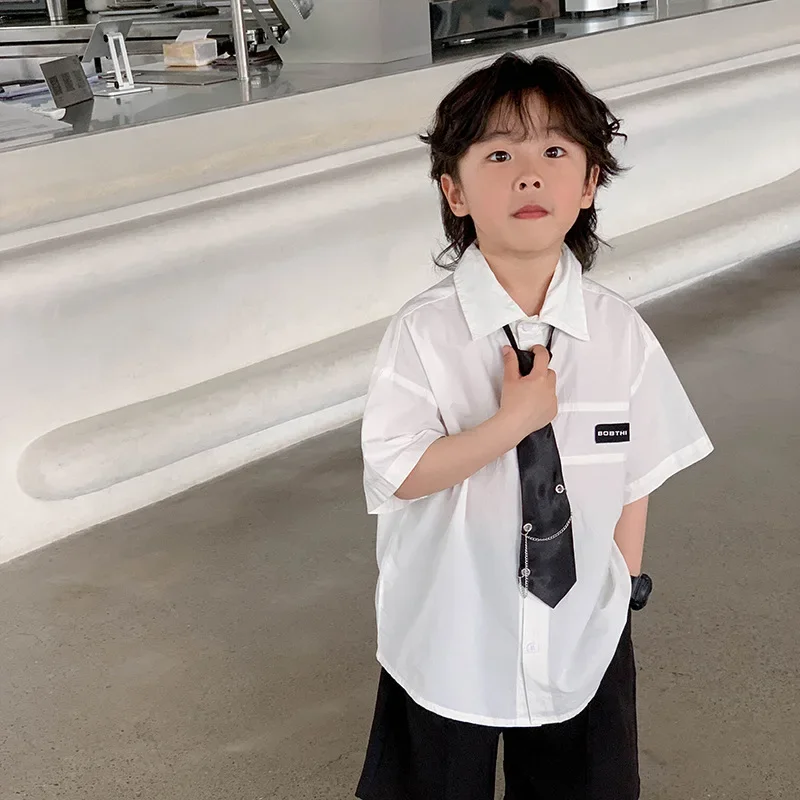 Boys' Loose Fit Short Sleeve Shirt Casual Korean Style Children's Clothing Summer Trendy Turn-down Collar Top
