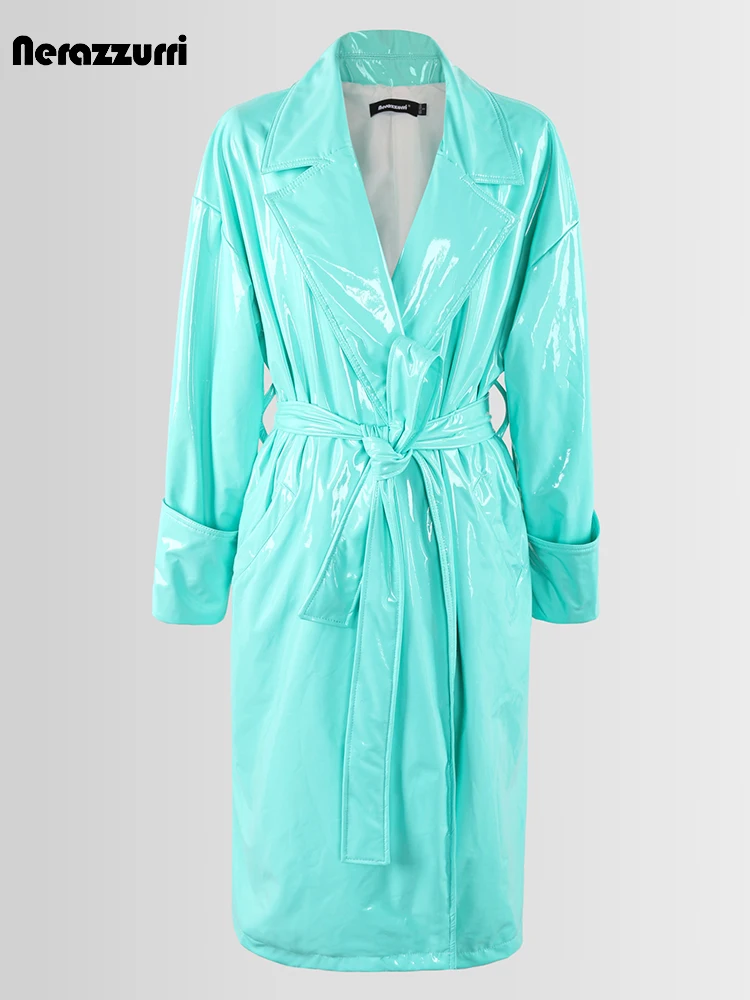 Nerazzurri-女性のための光沢のある反射ソフトブルーの秋のロング