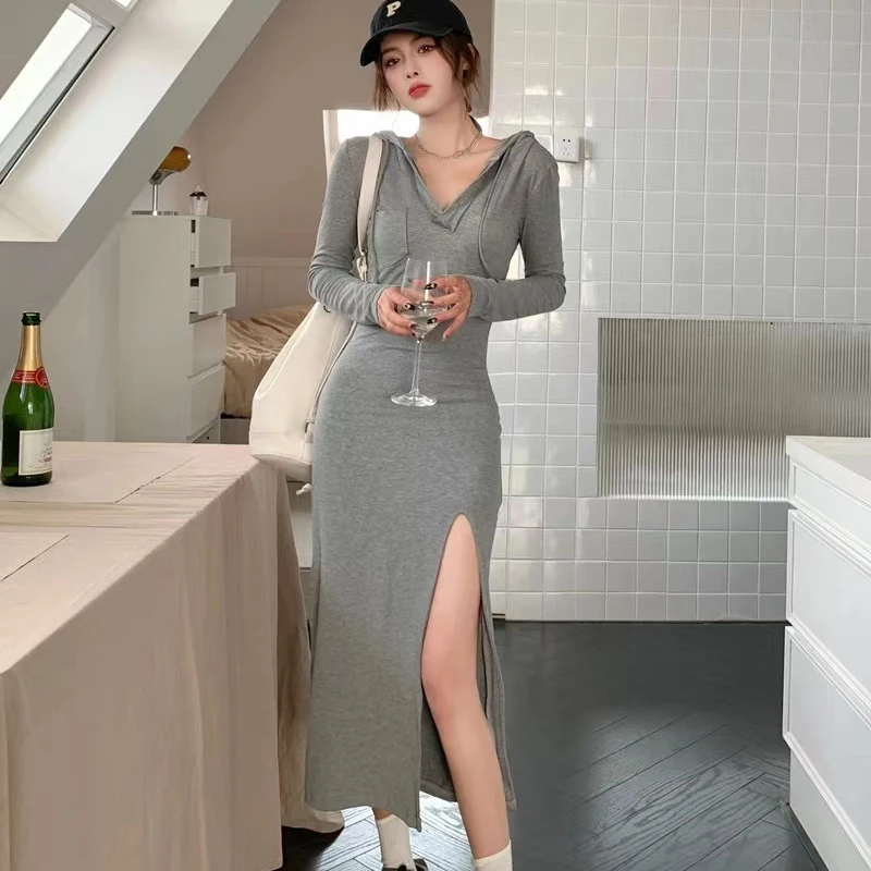

Korean Fashion Slim Black Gray Hooded Dress New Spring Autumn High Waist Y2K Design Split Long Dresses for Women