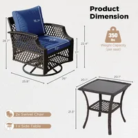 3 Piece Outdoor Swivel Chair Set, Wicker Patio Bistro Set with Thickened 25D Cushions and Glass Coffee Table, Patio Furniture C 5