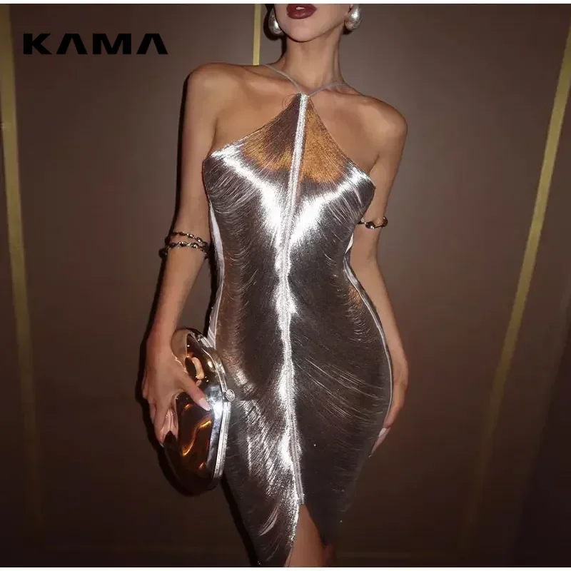 

Sexy Hanging Neck Metallic Short Dress Women Fashion Off Shoulder Backless Shiny Dresses Elegant Female Evening Party Vestidos