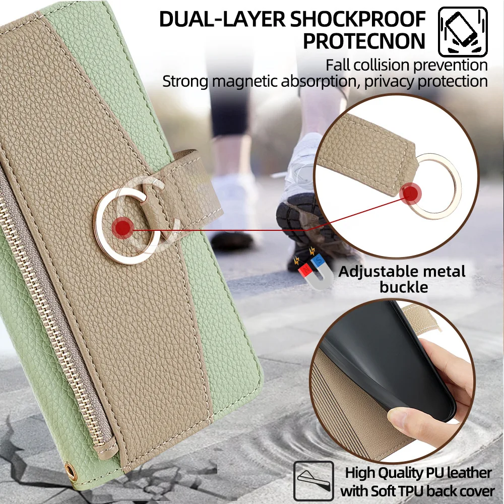 Luxury Magnetic Flip Leather Wallet Phone Case with Long Lanyard