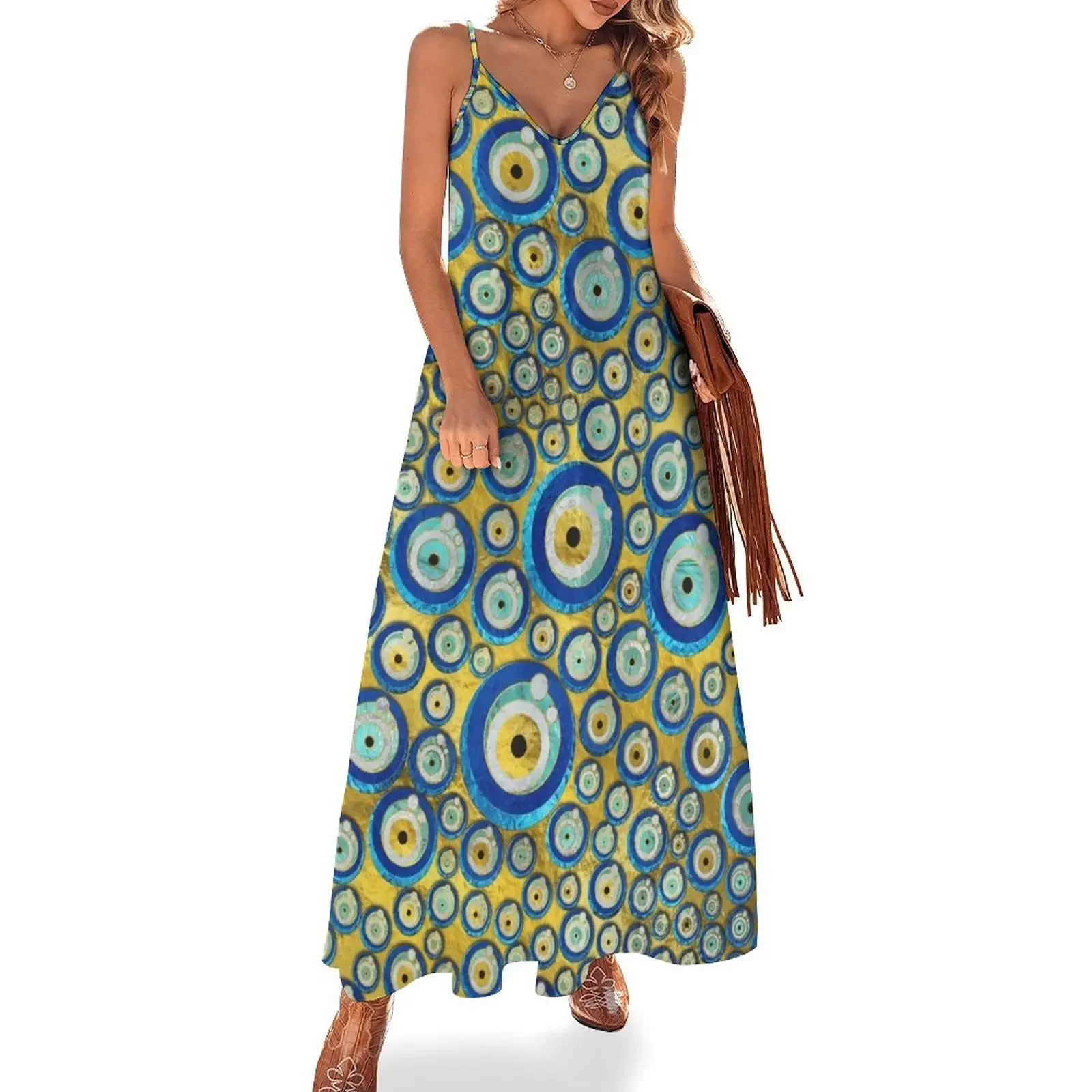 

Greek Blue Glass Evil Eye Amulet Pattern Sleeveless Dress women party dresses Long dress woman