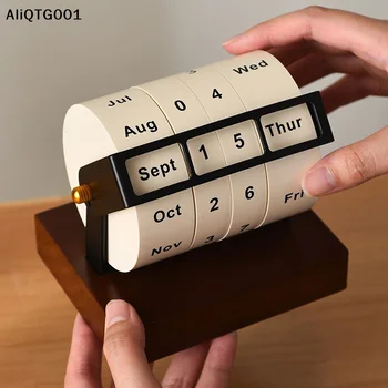 Calendario da tavolo perpetuo rotante con ruote in legno, mese, settimana, giorno, data, calendario riutilizzabile per ufficio domestico
