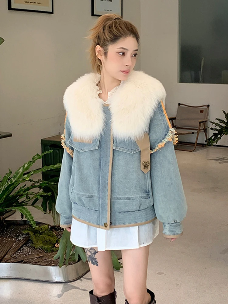 

2023 New Winter Women's Goose Down Coats Denim Jacket Natural Real Fox Fur Big Collar Outwear Luxury Female Jacket