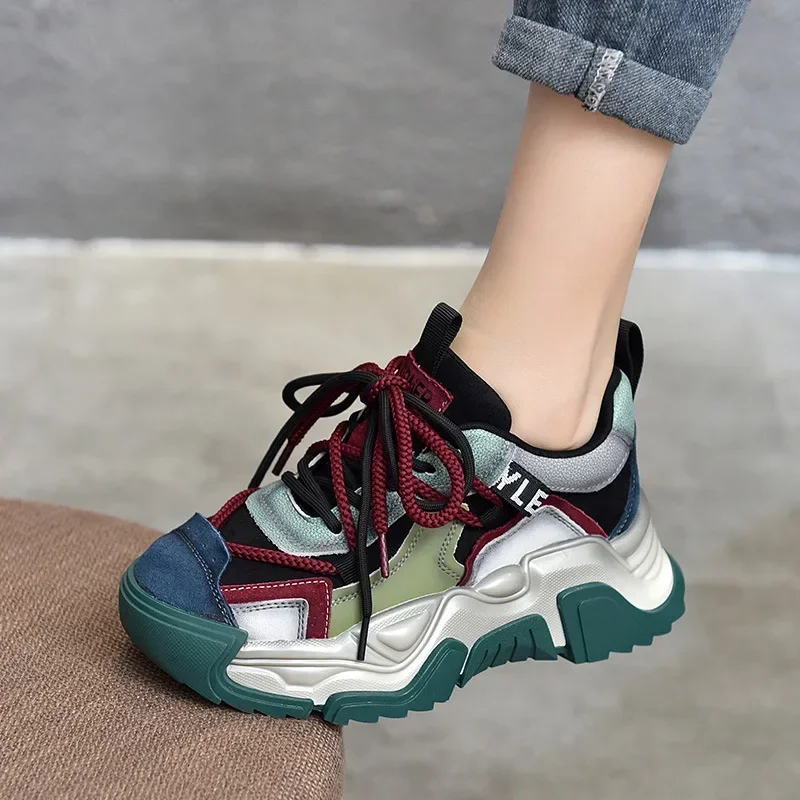5cm Pigskin Genuine Leather Synthetic Women Spring Platform Wedge Mixed Color Comfy Shoes Autumn Loafer Chunky Sneaker Vulcanize 5