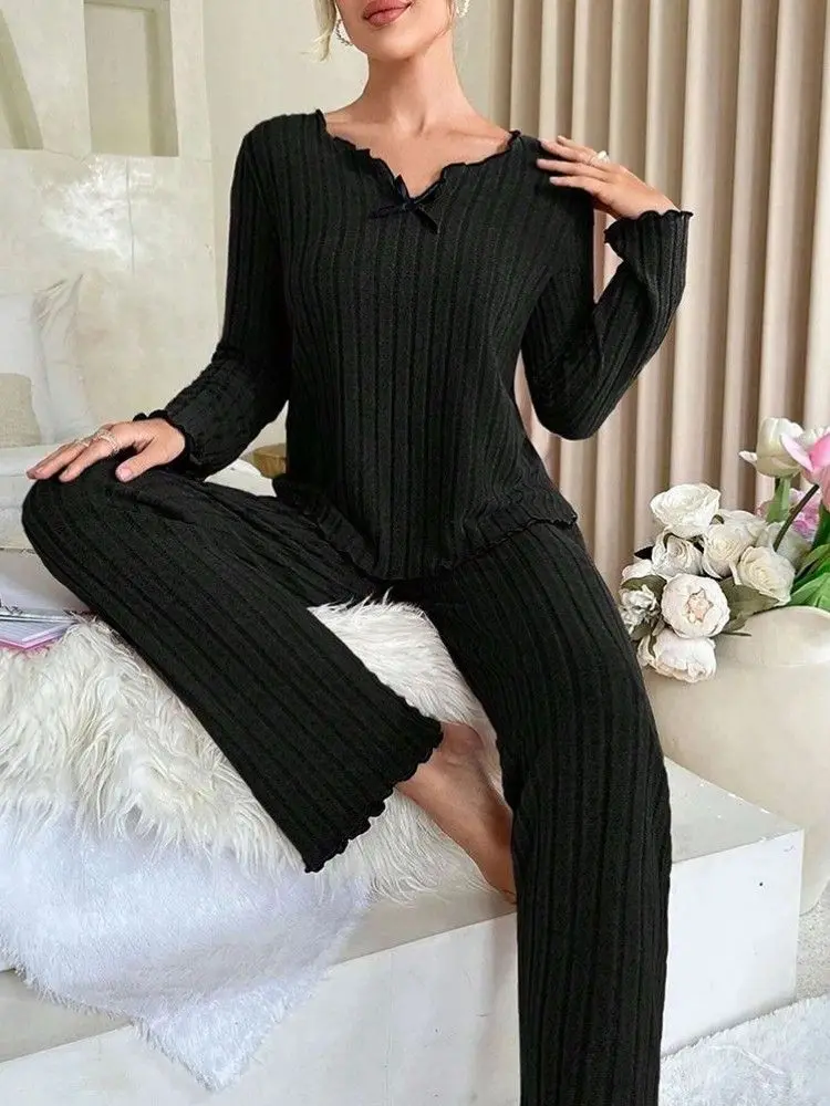 Autumn Winter Warm Plush Pajamas Set Women Long Sleeve Top and Trousers 2 Piece Set Casual Sleepwear Homewear Loungewear