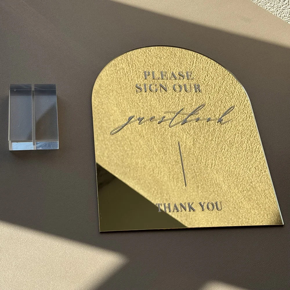 Arch Acrylic Wedding Table Sign Gold Mirror Acrylic Signs with Clear Stand Please Sign Our Guestbook and Please Take One 6*
