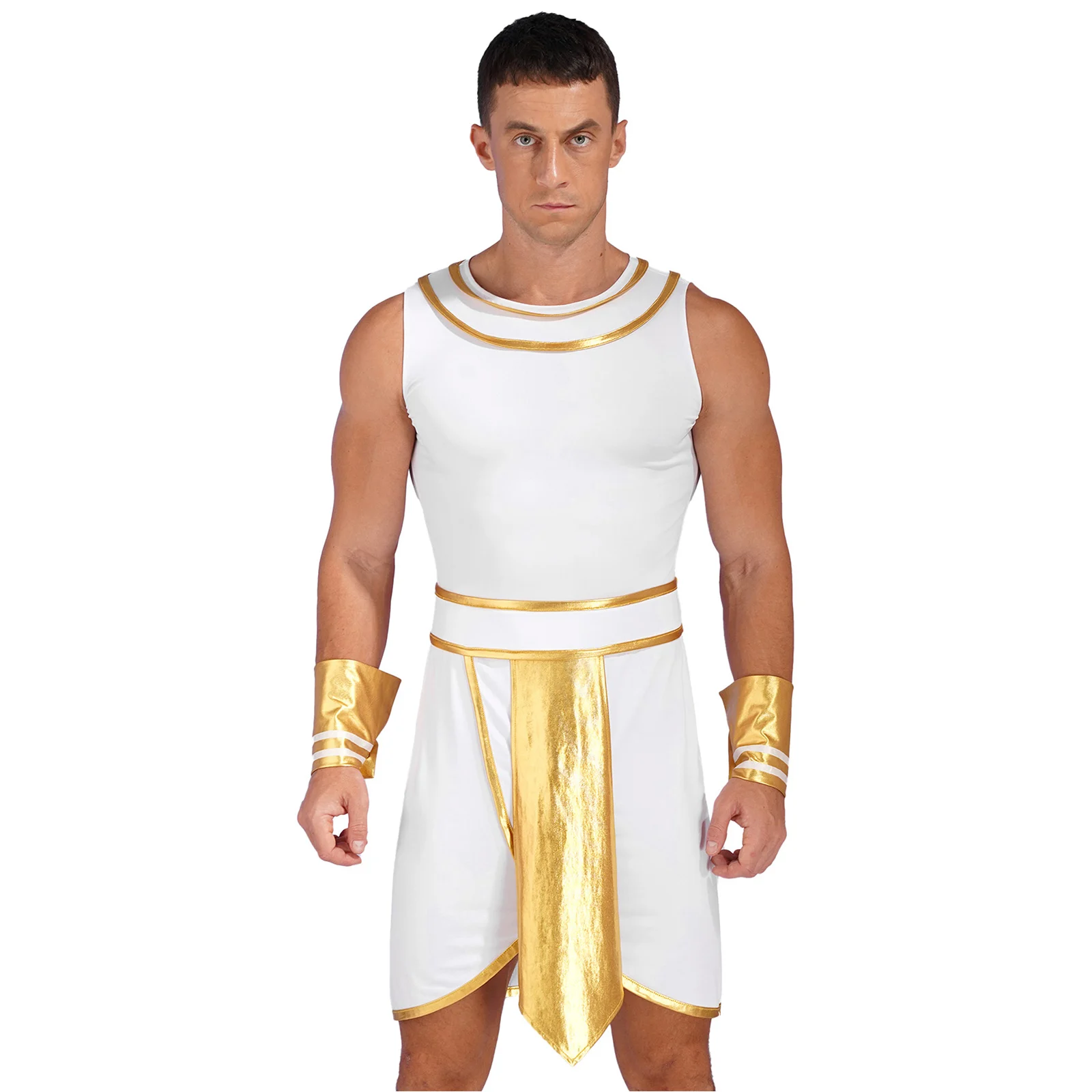 Mens Ancient Egypt Fancy Dress King Cosplay Pharaoh Greek Roman Toga Dress with Cuffs for Halloween Party Stage Performance