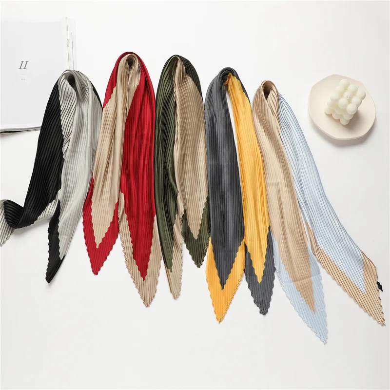 70*70cm Soft Neckerchief Two Color Splicing Decorative Headscarf Women's Hijab Scarves Crinkled  Pleated Silk Scarf Satin Hijab 2