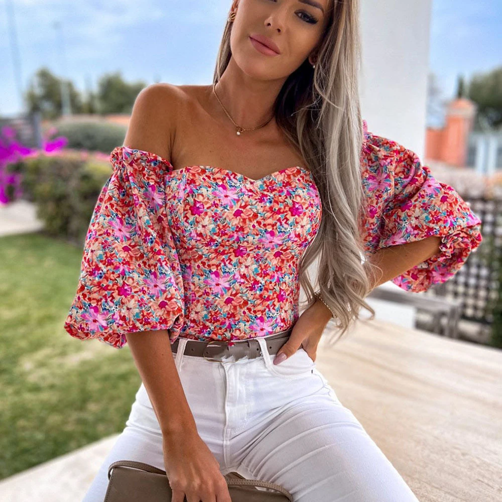 Blusa Floral con hombros descubiertos para mujer, camisa informal con espalda descubierta, Tops baratos, verano 2022| | AliExpress