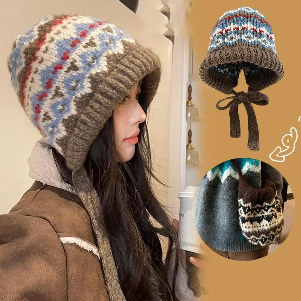Winter Hat Knitted Hat Women Ethnic Style Striped Spliced Knitted Woolen Hat For Autumn And Winter Thickened Warm And Cold Resistant Ear Protection