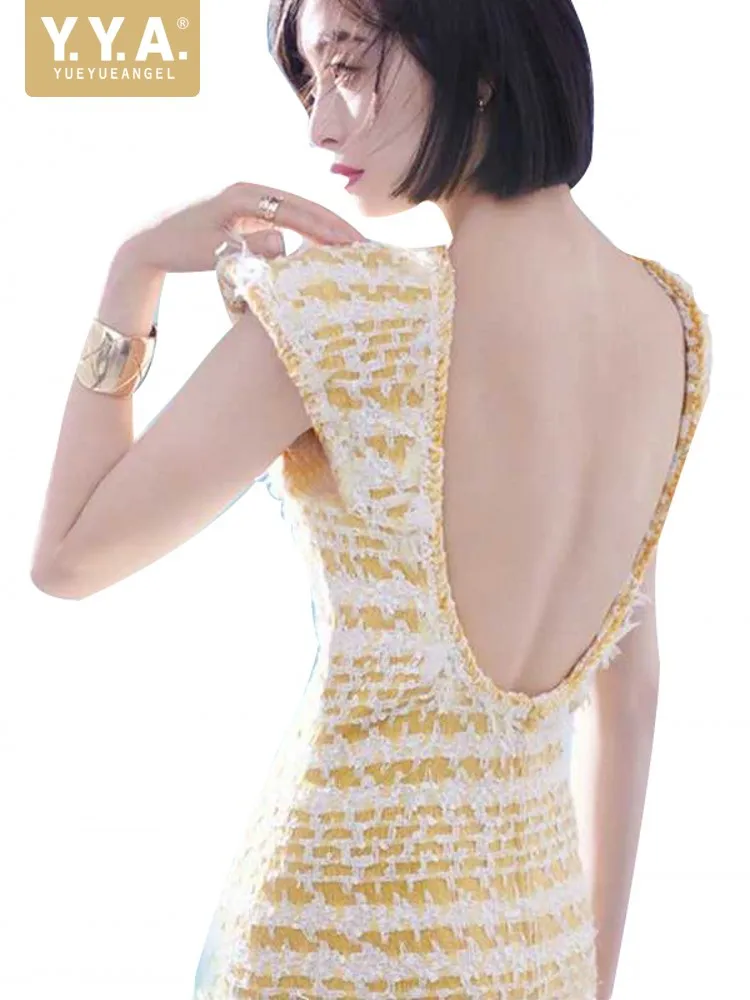 

New Design Summer Women Hot Sexy Cut Low Short Dress Sleeveless Slim Fit A Line Tweed Dress Runway Ladies Party Tank Dresses