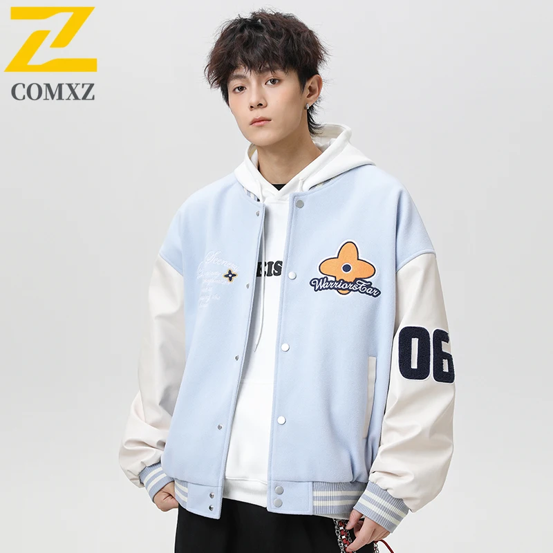 ​COMXZ Men Vintage Baseball Jacket Fall American Style Retro Windproof Waterproof Bomber Coat  Embroidery Streetwear Oversized