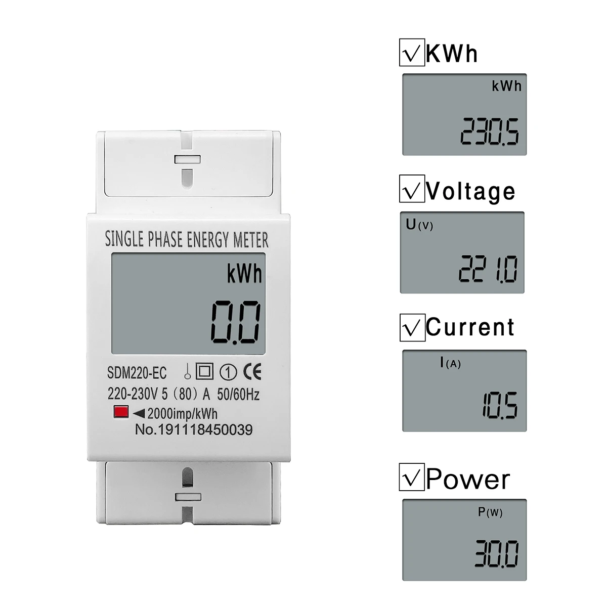 6pcs 80A Din 레일 단상 2 선 LCD 디지털 디스플레이 전력 소비 에너지 전기 미터 kWh AC 220V 230V 50Hz/60Hz