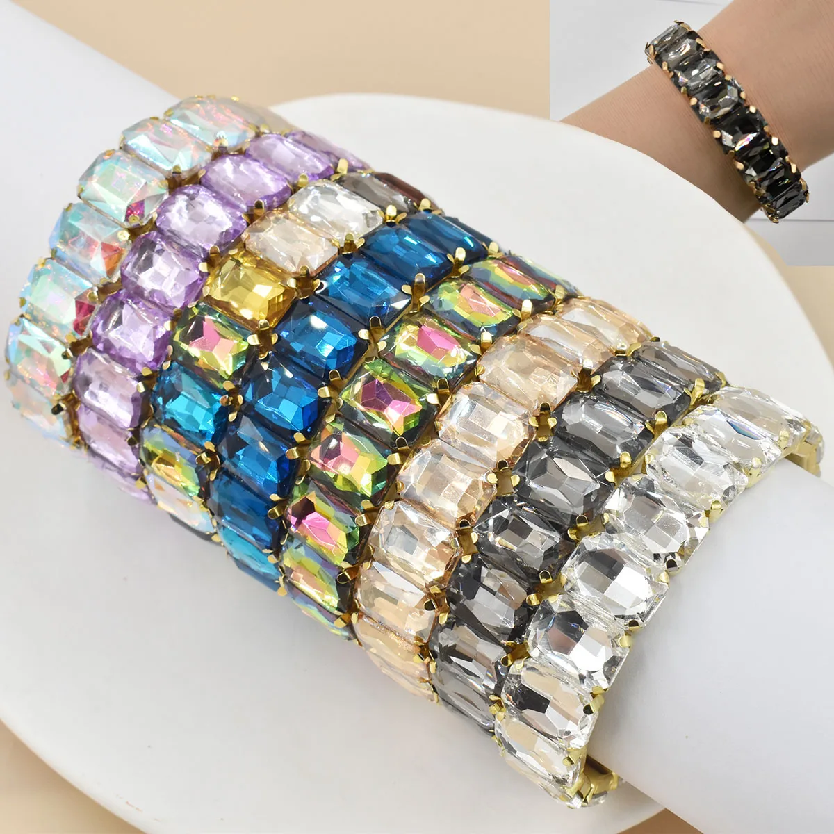 Colorful Geometric Crystal Square Elastic Bracelet – Boho Style