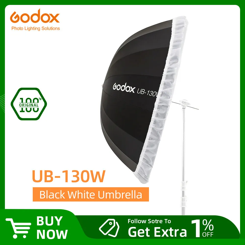 Godox UB-130W 51in 130cm 파라볼 릭 블랙 화이트 반사 우산 스튜디오 라이트 우산 블랙 실버 디퓨저 커버 천