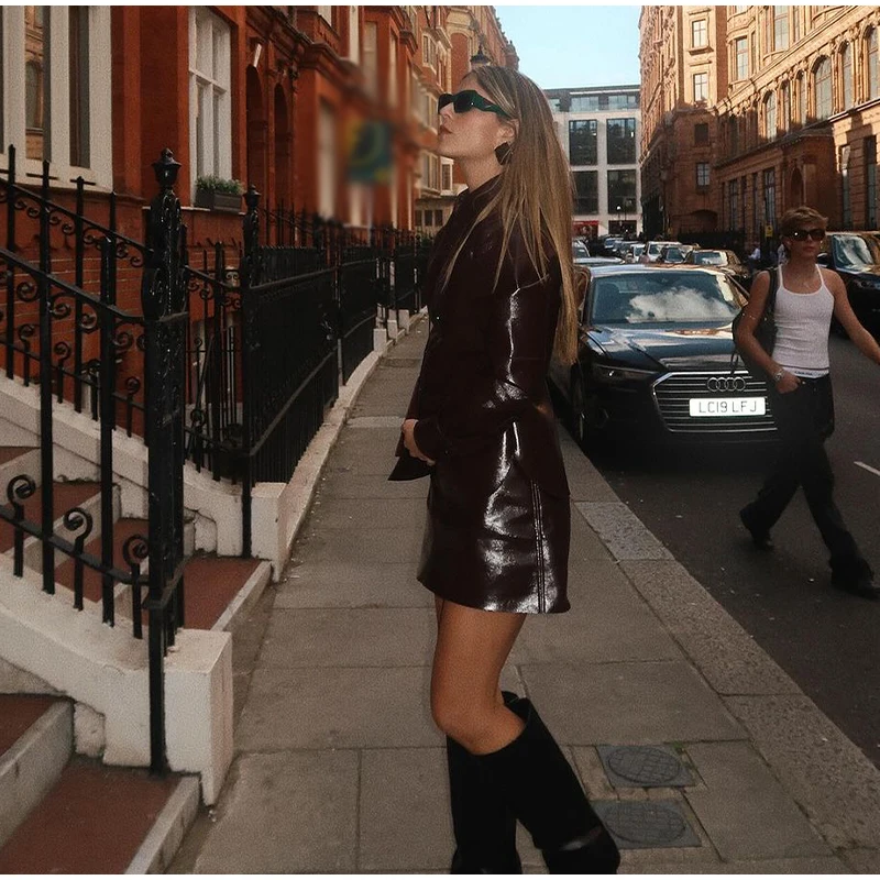 Sexy PU Leather Jacket Mini Skirts Set