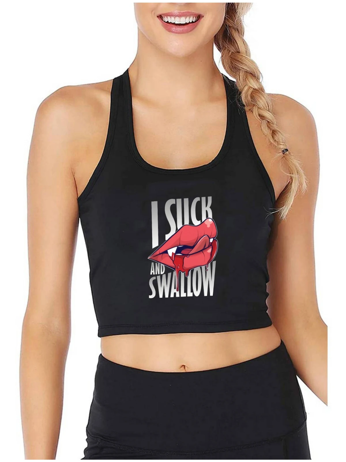 

Blood-Sucking Red Lips Graphic Suck Swallow Sexy Crop Top Hotwife Humorous Flirty Tank Tops Halloween Gothic Satan Camisole