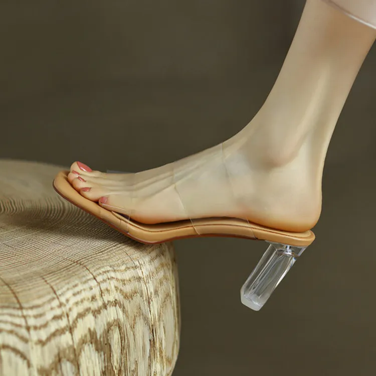 

Square Toe Transparent PVC Women Slippers Apricot Sole Clear Chunky High Heels Slides Beige Leather Lady Prom Sandalias Femmes