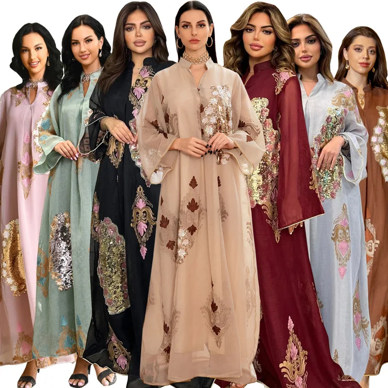 

Eid Party Muslim Sequins Embroidery Dress for Women Abaya Ramadan Long Dresses Dubai Turkey Evening Robe Morocco Caftan Vestidos