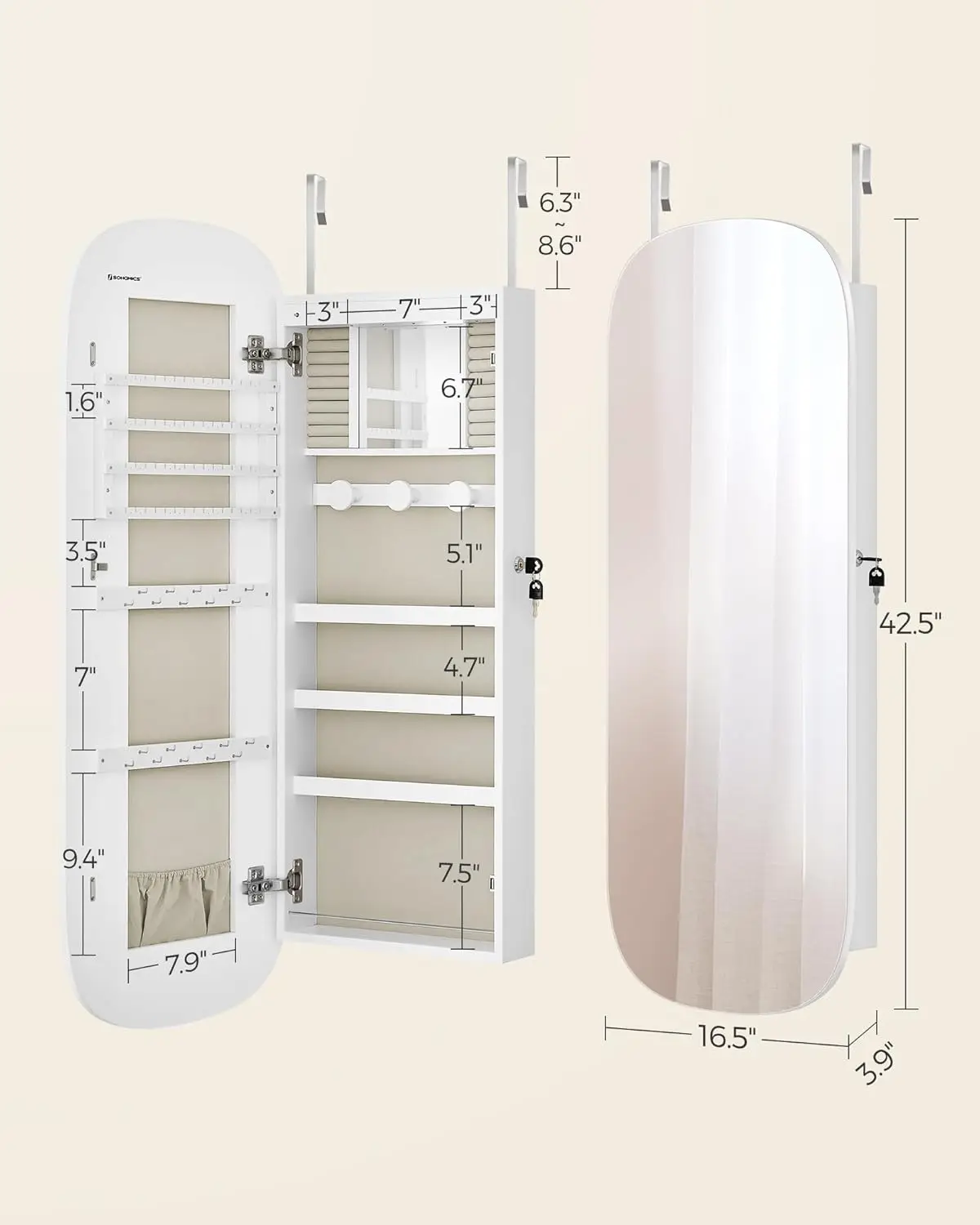 Jewelry Organizer, LED Jewelry Cabinet Wall or Door Mounted, Lockable Rounded Wide Mirror with Storage, Interior Mirror, 3.9 x 1