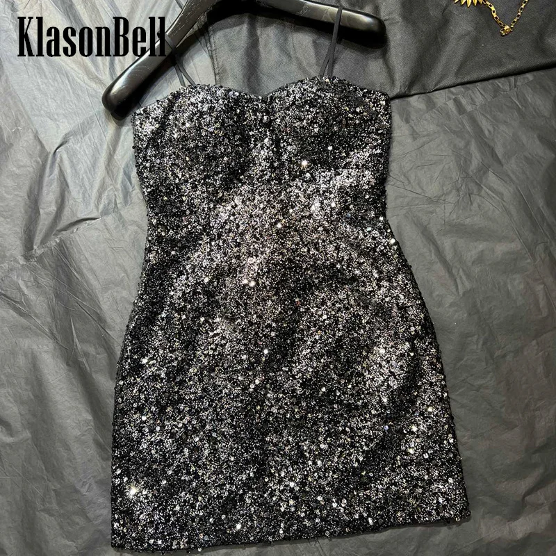 

1.11 KlasonBell Banquet Bling Sequins Collect Waist Mini Dress Women Simple Versatile Spaghetti Strap Sexy Dress 2024 New