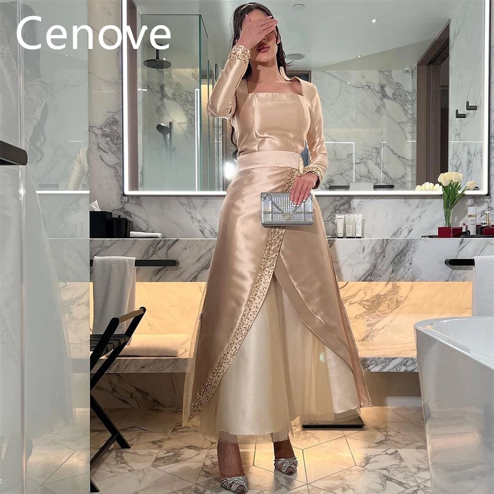 

Cenove Popular A-Line Champagne Square Neckline Prom Dress Ankle Length With Long Sleeve Evening Summer Party Dress For Women