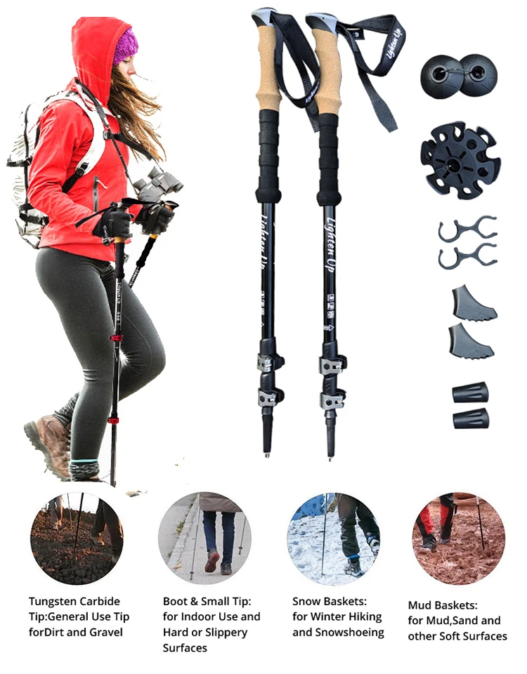 2Pcs Ultra-light Trekking Poles Telescopic Folding Poles Mountaineering Staffs Aluminum Alloy Cork Auxiliary Walking Sticks 4