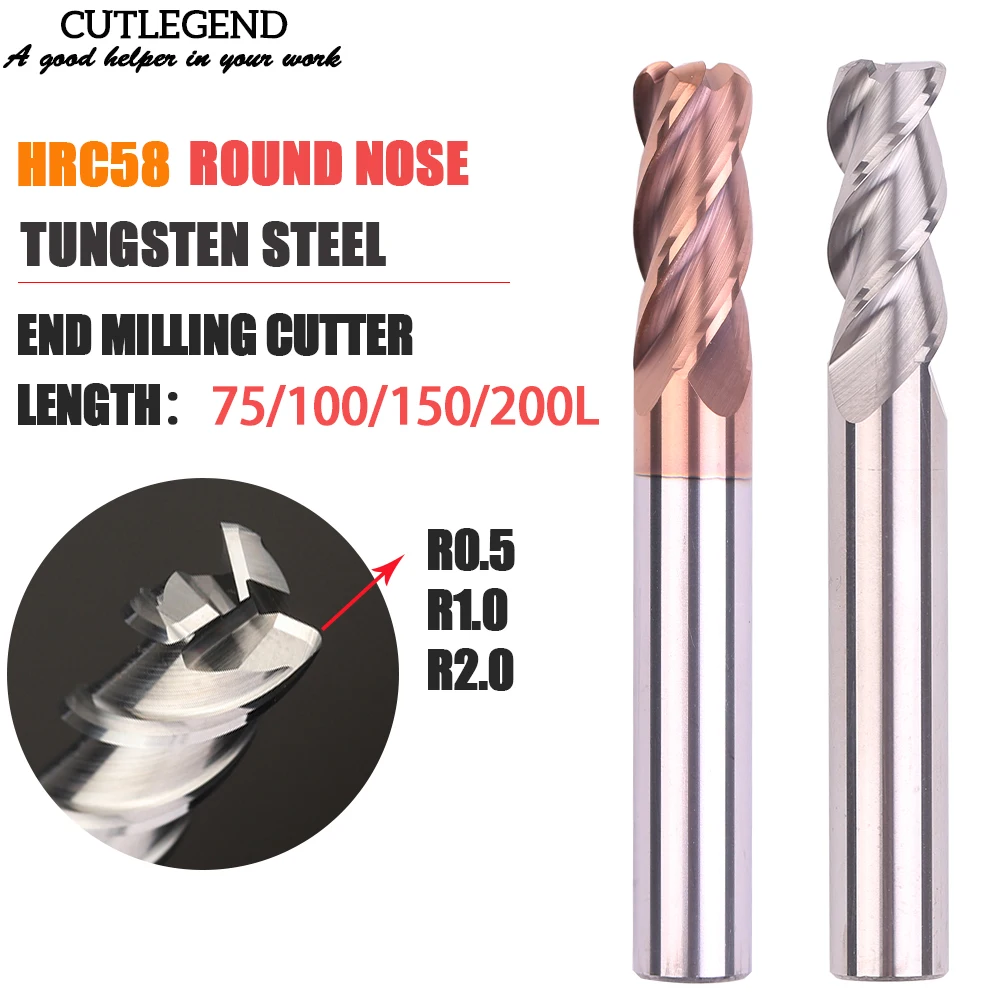 

HRC58 hard alloy protruding 4 flute 4 6 8 10XR0.5/R1/R2 angle round nose 75/100/150/200mm Length Tungsten steel milling cutter