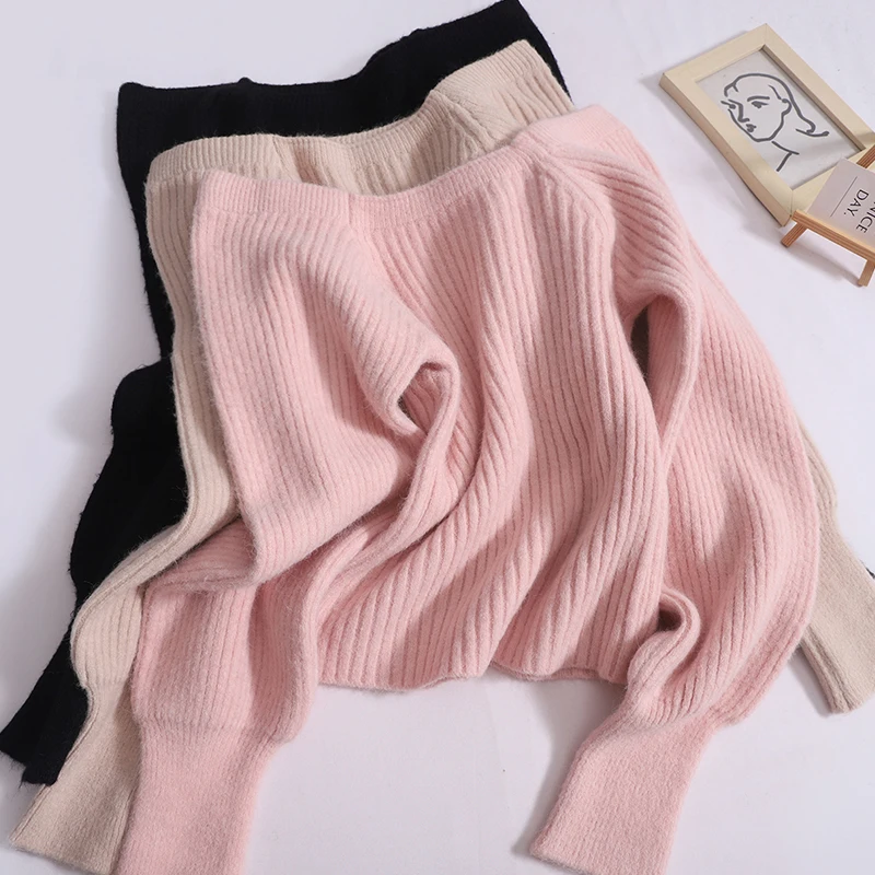 

Vintage Base Sweater Women Pullovers Autumn Winter New Square Collar Loose Waxy Soft Waxy One-Shoulder Long-Sleeve Knitted Tops