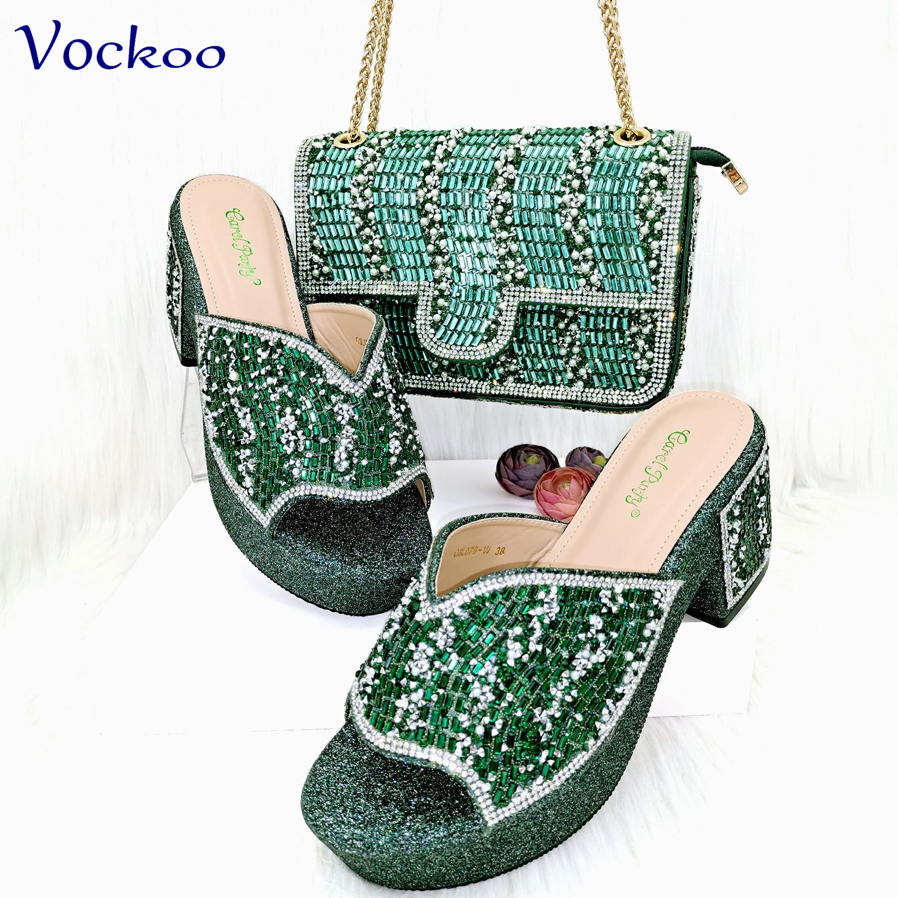 

Green Color New Nigerian Shoes and Bag Set For Women High Quality Garden Party Rome Style Slingbacks Slipper