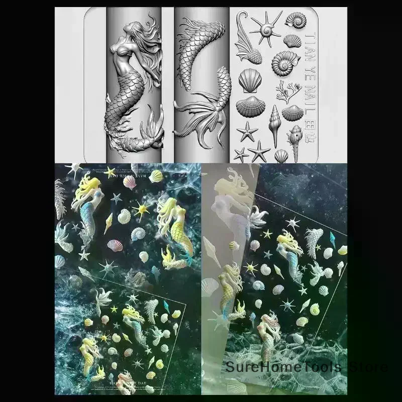 3D Soft Silicone Mermaid Nail Art Mold Ocean Goldfish Koi Cartoon Templates DIY Nail Buttons Carves Manicure Tools Accessories