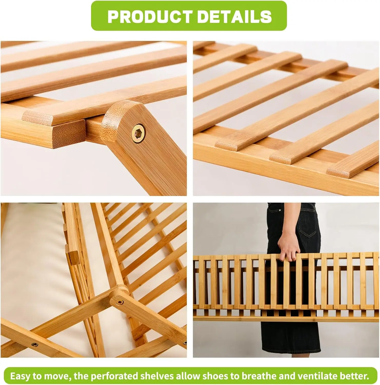 Folding Bamboo Shoe Rack - No Installation Required, Ventilated Design,(5 Tier) 6