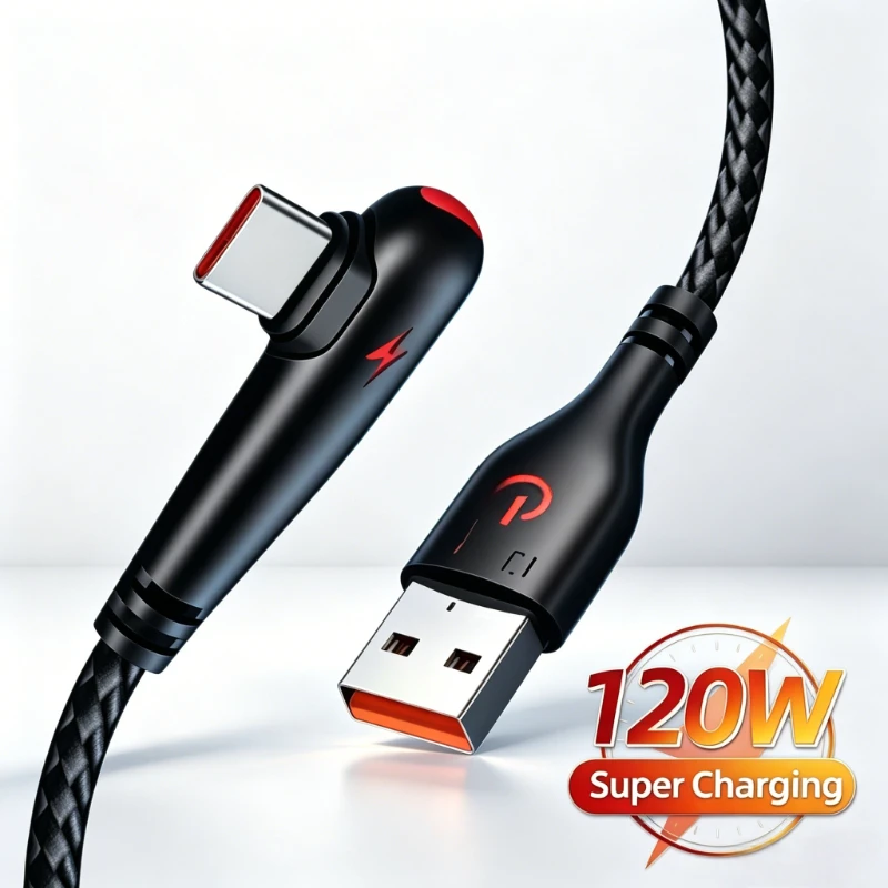 Cabo USB para Tipo-C de 120W com Conector em Ângulo de 90 Graus para Carregamento Rápido de Celulares Huawei Mate 40 30 Xiaomi Samsung