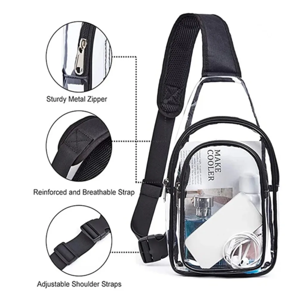 

Large Capacity Chest Bags Casual PVC Zipper Transparent Purse With Black Belt Crossbody Bag Women Men