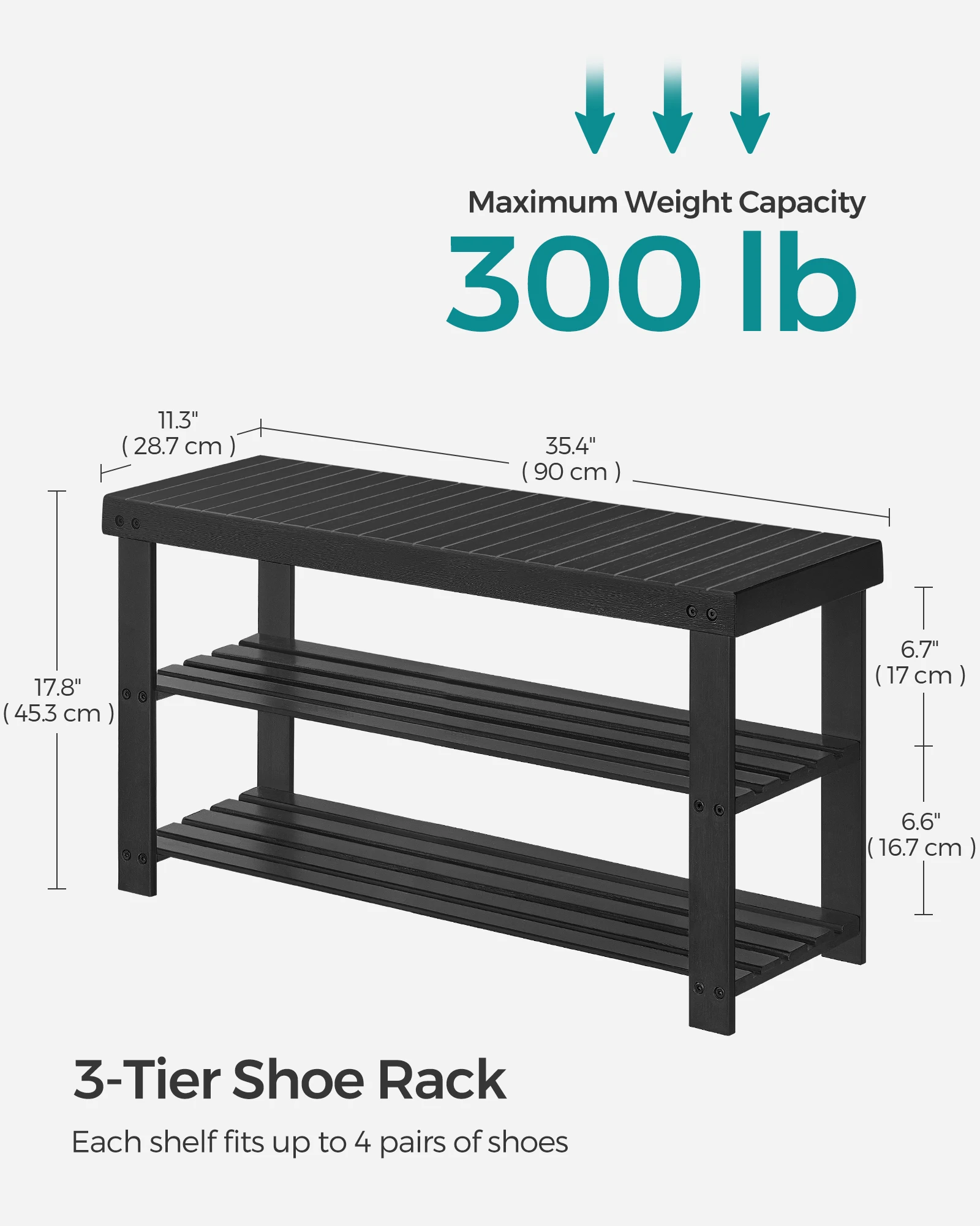 SONGMICS Shoe Rack Bench, 3-Tier Bamboo Shoe Storage Organizer, Entryway Bench, Holds Up to 286 lb, 11.3 x 35.4 x 17.8 Inches 6