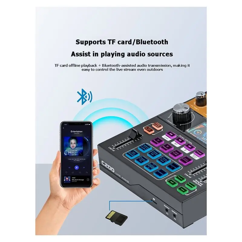 A13E-C200 블루투스 인터페이스가 있는 사운드 카드, 라이브 브이로그용 RGB DJ 믹서 효과가 있는 전문 사운드 보드