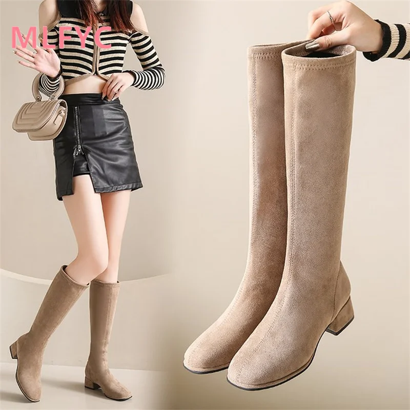 Knee length elastic boots long boots women's winter thick heels high heels new square toe boots long legs high boots