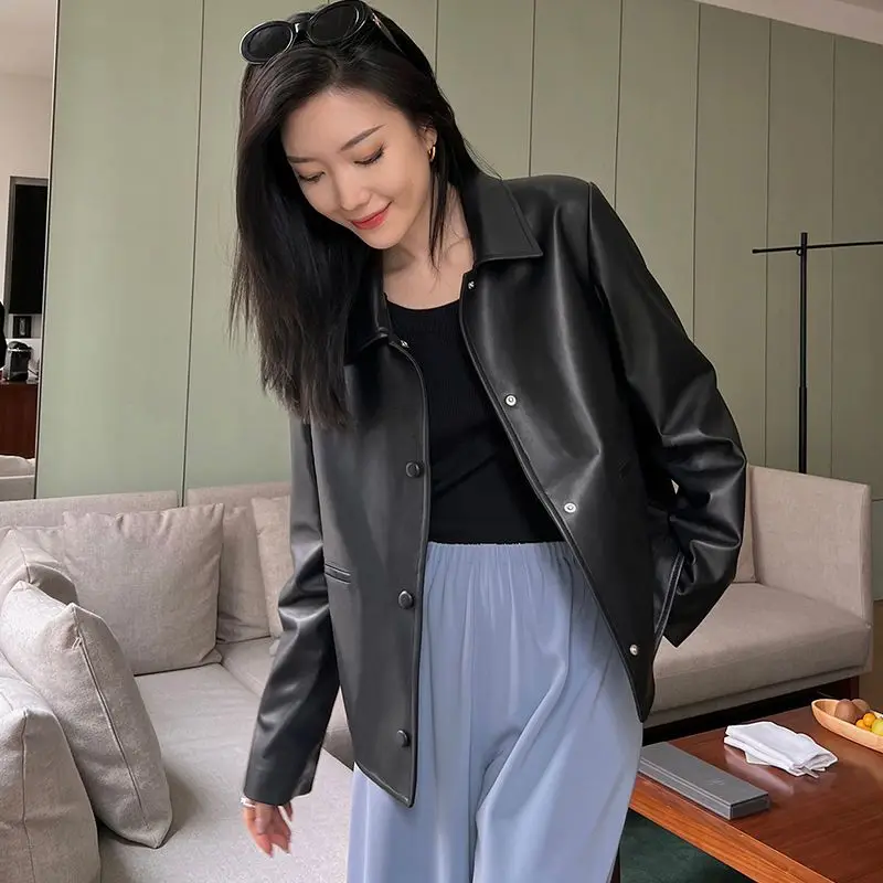 Spring Autumn Korean Chic Pu Biker Leather Jacket Women Streetwear Bomber Jacket Lapel Single-breasted Loose Jacket Outerwear