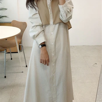 REALEFT 여성용 프렌치 스트라이프 셔츠 드레스, 레이스업 스트레이트, 한국 캐주얼, 루즈한 A 라인 롱 드레스, 여성 2023, 가을 신상 상품 이미지