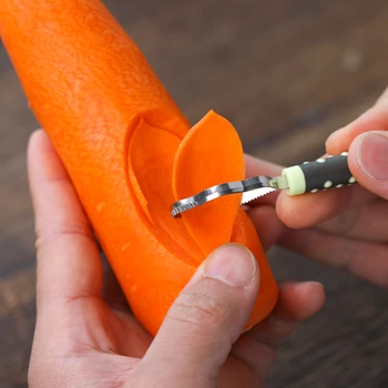 มีดแกะสลักอาหารสแตนเลสเครื่องมือห้องครัวแบบพกพาที่ใช้ในครัวเรือนแบบเรียบง่ายหยักเป็นกลีบสำหรับเชฟที่จับกันลื่น 1