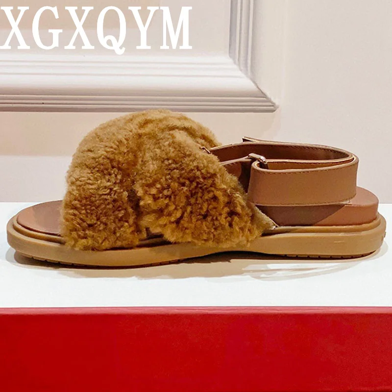 

Peep Toe Sweet Wool Sandals Women Flat High Quality Nature Leather Spring Autumn Outwear Fashion Fur Sandals For Ladies Handmade