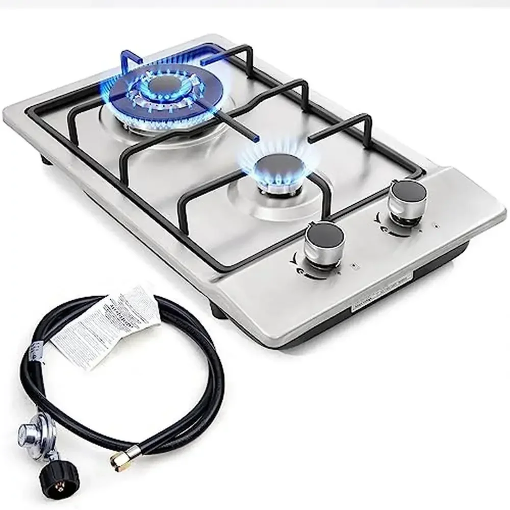 12" Stainless Steel Dual Fuel Gas Cooktops 2 Burner Propane/Natural Gas Stove Drop-in Easy to Clean Top with Electric Ignition